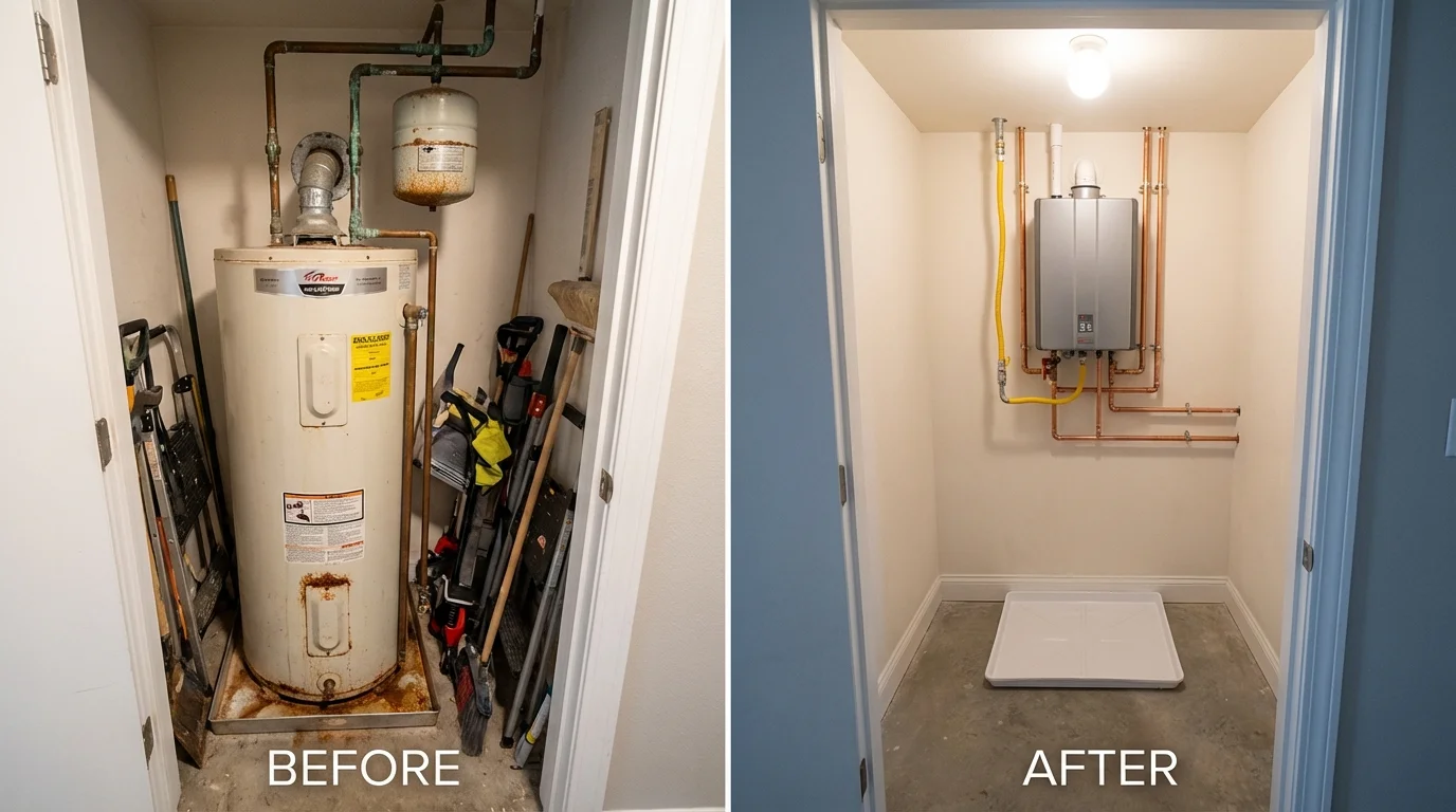 Tank water heater versus wall-mounted tankless unit comparison for Frankfort, MI homeowners