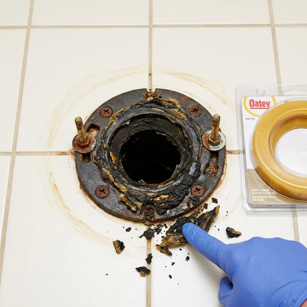 Failed wax ring showing water seepage at the base of a toilet in a Frankfort, MI home