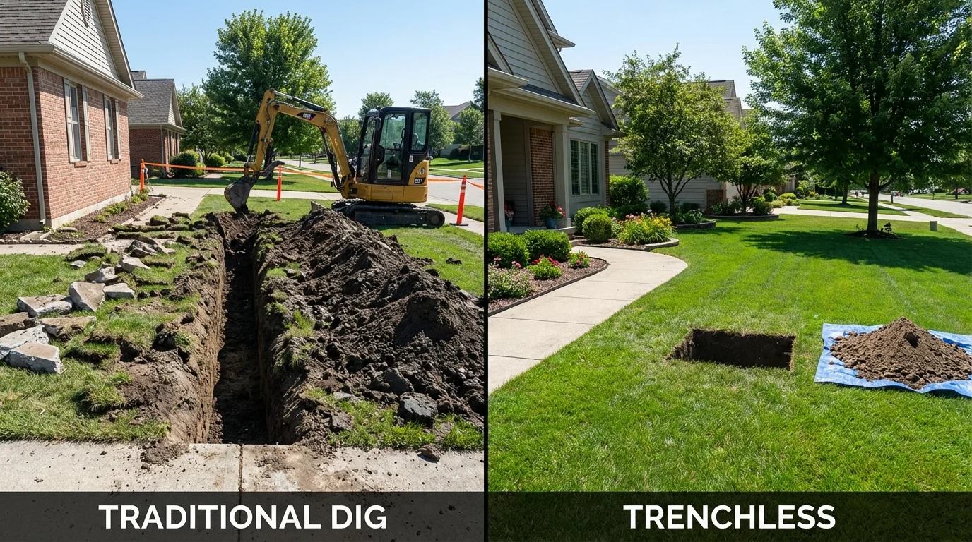Trenchless sewer repair with minimal yard damage versus traditional excavation in Frankfort, MI