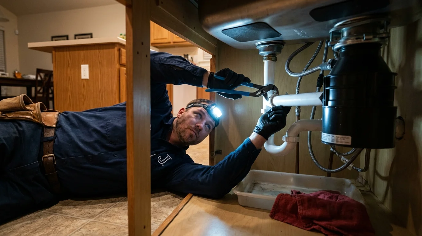 P-trap and supply line connections under a kitchen sink showing a common leak point in Frankfort, MI
